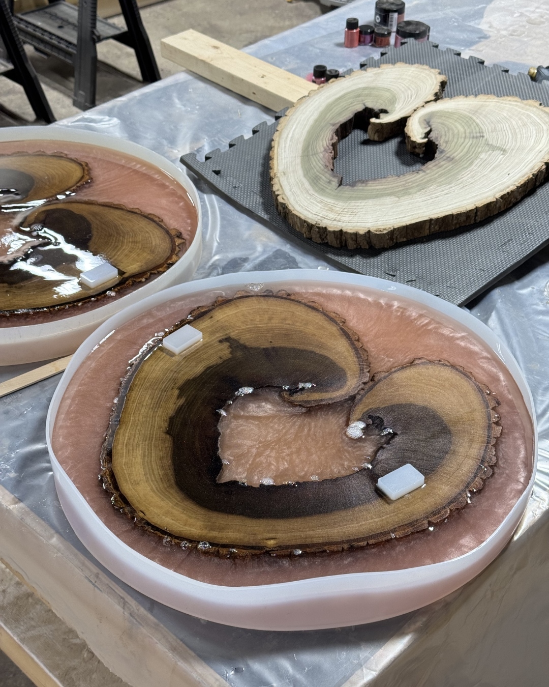 Wood rounds set in resin inside molds, ready for polishing