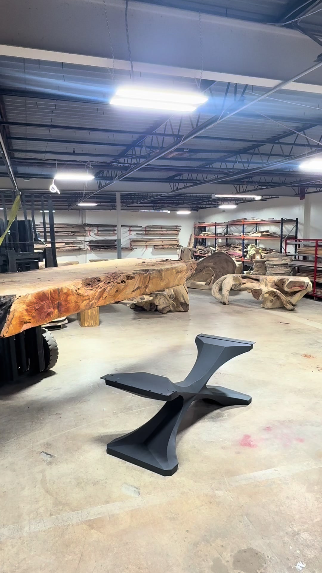Massive old growth redwood slab table with custom X-frame metal base